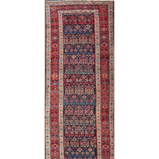 Islamic Antique Persian Bidjar Runner With Sub-Geometric Motifs in Red and Blue For Sale - Image 3 of 13