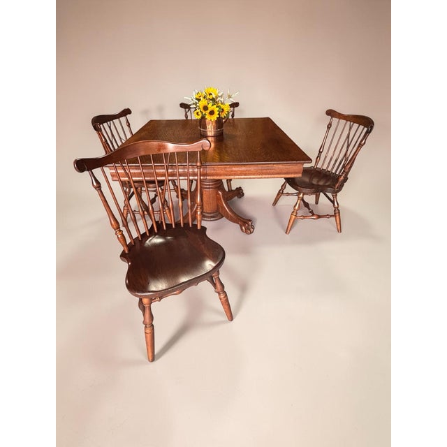 1930s Tiger Oak/Quarter Sawn Table With Color Matched Ethan Allen (Old Tavern) Fiddleback Windsor Chairs - All High End Handcrafted Furnitire For Sale - Image 10 of 12
