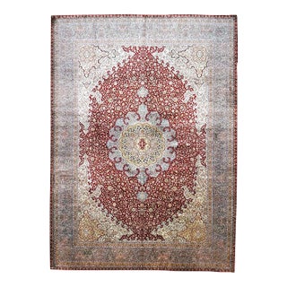 Vintage Kashmiri Tabriz Silk 9x12 Red, Ivory & Light Blue Handmade Area Rug #1144057 For Sale