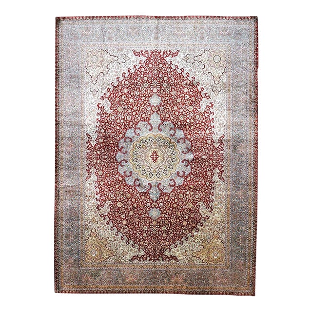 Vintage Kashmiri Tabriz Silk 9x12 Red, Ivory & Light Blue Handmade Area Rug #1144057 For Sale
