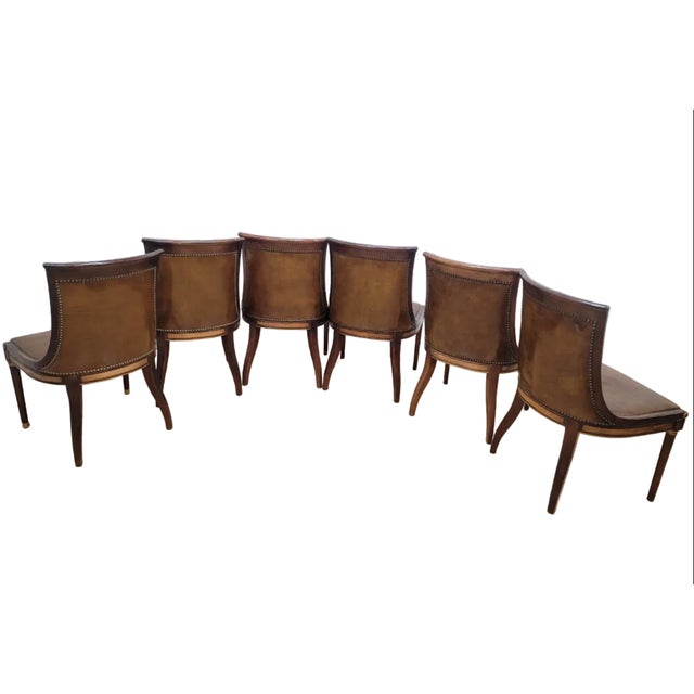Vintage Neoclassical Style Walnut Leather Slipper Dining Chairs – Set of 6 For Sale - Image 4 of 10