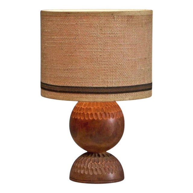 Table Lamp in Carved Wood with Shade in Woven Jute, 1960s For Sale