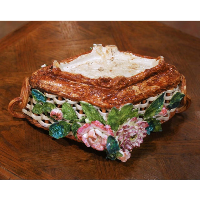 19th Century French Barbotine Porcelain Basket Jardinière With Flowers For Sale - Image 9 of 9