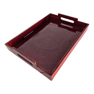 Six Trees Asian Modern Red Lacquer Bamboo Tray With Rings 15.5" For Sale