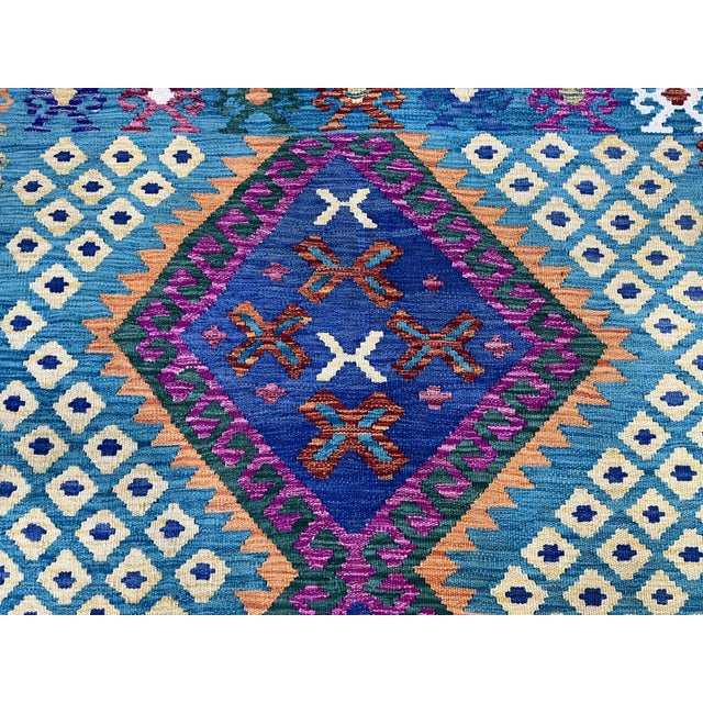 Green 4'5" X 5'10" Green Afghan Chobi Kazak Geometric Wool Flatweave Kilim Rug For Sale - Image 8 of 16