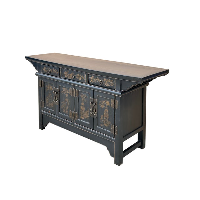 Black Chinese Black Brown Golden Graphic Low Sideboard Console Table Cabinet For Sale - Image 8 of 12