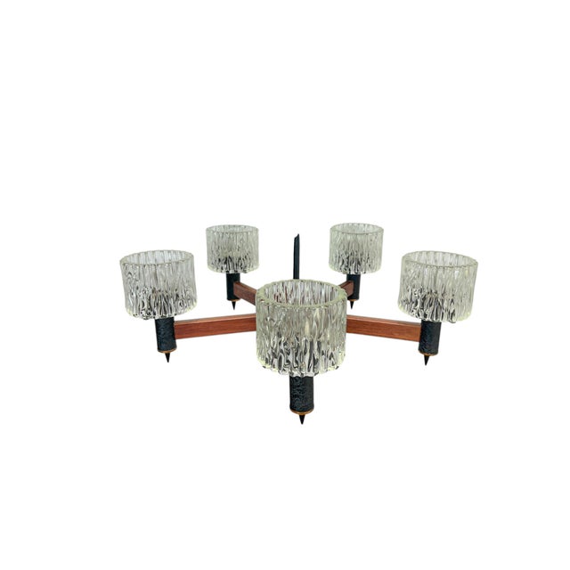 Teak and Textured Glass Chandelier by Carl Fagerlund for Orrefors, 1960s For Sale - Image 15 of 16