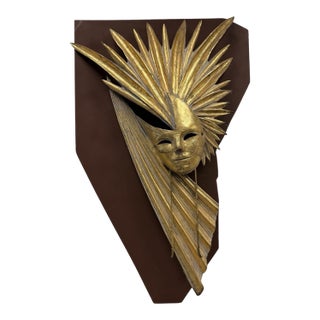 Vintage Evelyn Lino Brutalist Gold Starburst Mask Wall Sculpture For Sale