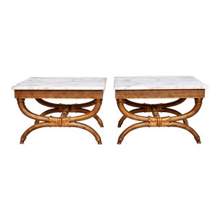 Neoclassical Style Curule Leg Marble Top Tables, Pair For Sale