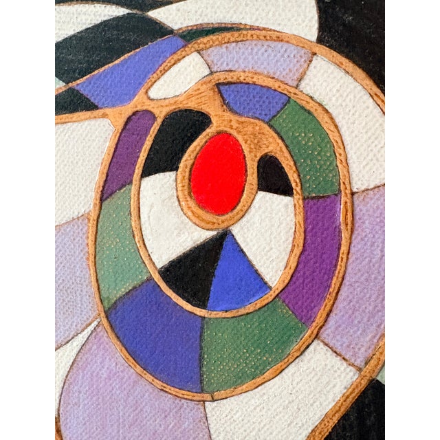 A striking vintage geometric abstract painting by Arlene Voelker, featuring a dynamic composition of bold color, sweeping...