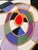 A striking vintage geometric abstract painting by Arlene Voelker, featuring a dynamic composition of bold color, sweeping...