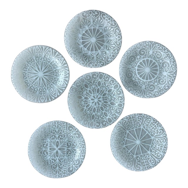 Vintage Higgins Glass Plates Signed Mid Century Modern Frosted Art Glass 7 Inch Dessert Plates - Set of 6 For Sale