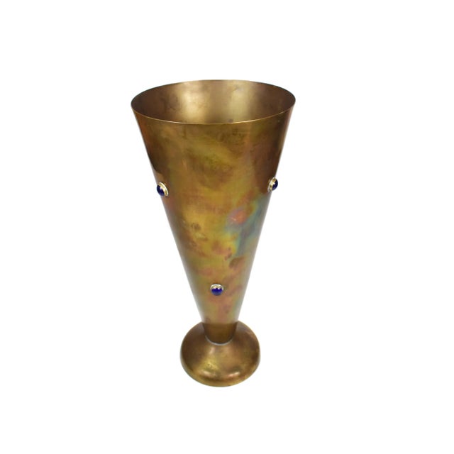 unique gold brass pedestal solid brass vase embellished with inlaid blue stone. It is lovingly made and incredibly unique...