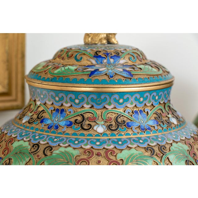 Metal Antique Chinese Cloisonné and Gilded Bronze Covered Ginger Jars—A Pair For Sale - Image 7 of 7