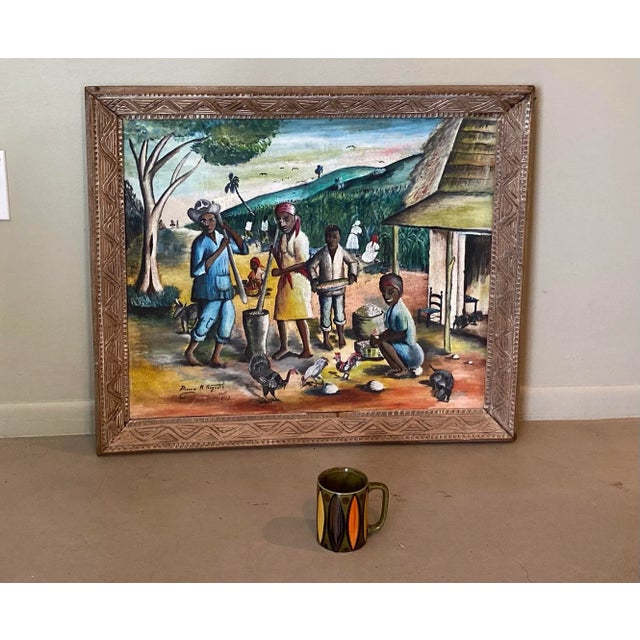 1969 Haitian Village Scene Folk Art Style Painting by Pierre Augustin, Framed For Sale - Image 10 of 12