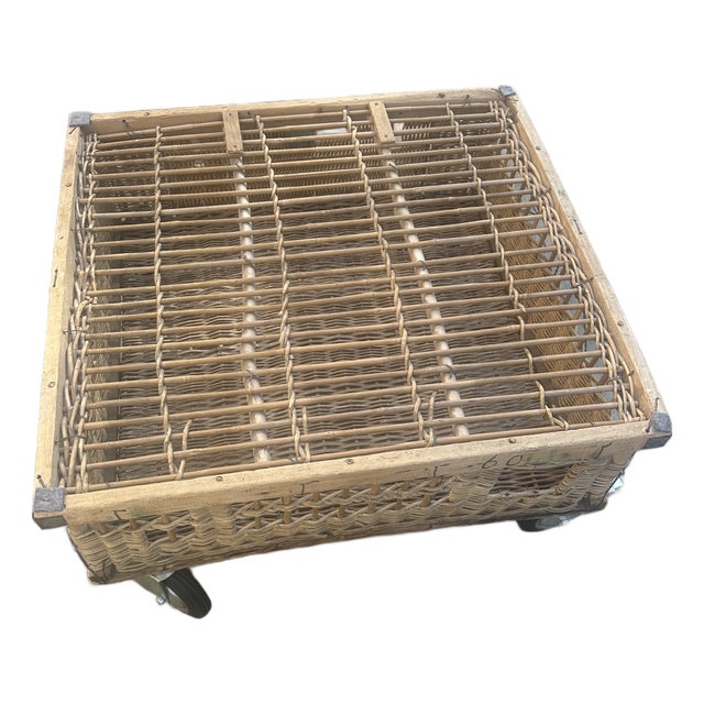 Vintage Wicker Square Rolling Coffee Table For Sale