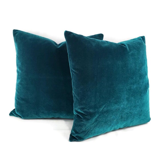 Modern Cowtan and Tout Rostang in Lagon Pillow Cover - 20" X 20" Bright Teal Plush Velvet Cushion Case For Sale - Image 3 of 4