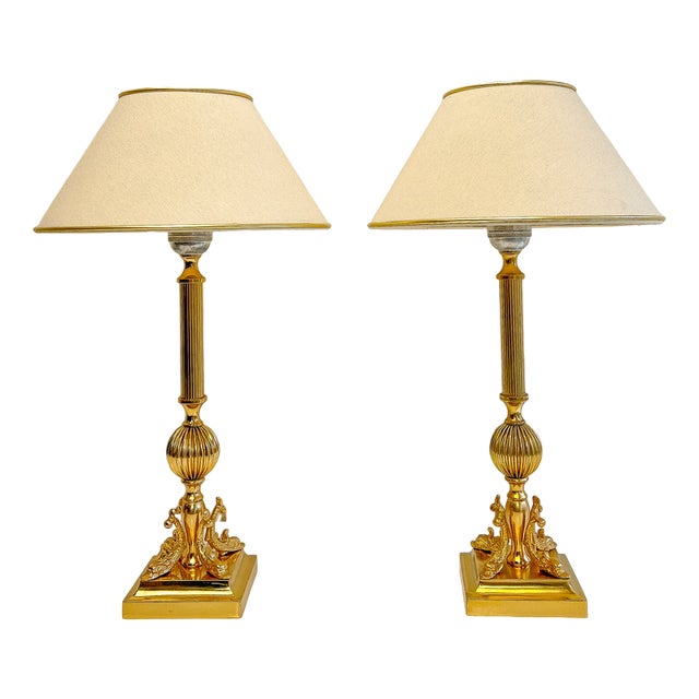 Golden Brass Dolphin Koi Fish Table Lamps, 1960s, Set of 2 For Sale