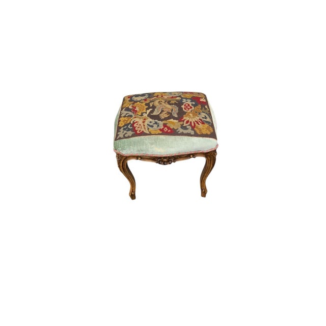 19th Century French Louis XV Style Carved Wood Needlepoint Footstool Ottoman Griffin Motif For Sale - Image 4 of 8