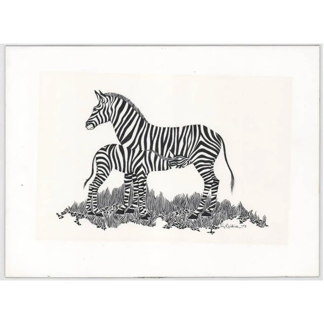 1973 Joy Reddick "Zebra Mother and Child" linocut on mat board. Pencil signed and dated. Reddick lived in Madison Wisconsin.