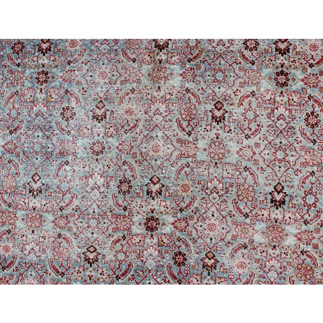 Early 20th Century Antique Persian Tabriz Rug With All-Over Geometric Design in Light Blue and Rose Red For Sale In Atlanta - Image 6 of 12