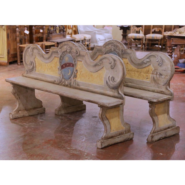 Mid 20th Century Pair of Mid-Century Italian Carved and Hand-Painted Oak Cassapanca Benches For Sale - Image 5 of 13