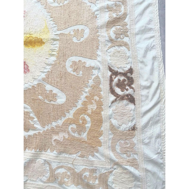 Mid-Century Modern Hand-Embroidered Neutral Tan Suzani Wall Hanging, 5' X 5'1'' For Sale - Image 3 of 9