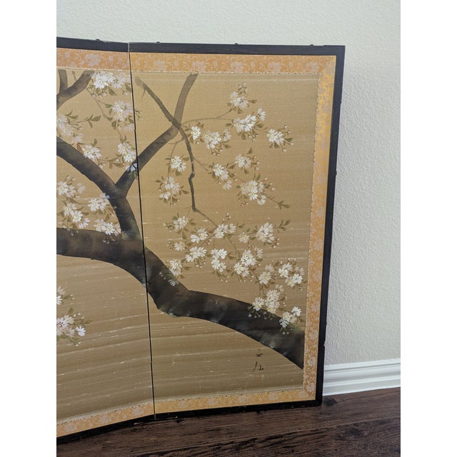 1900 - 1909 Japanese Four-Panel Screen Cherry Blossoms on Silk For Sale - Image 5 of 14