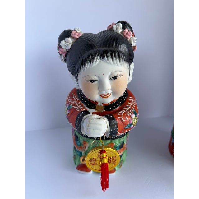 Ceramic Vintage Chinese Porcelain Good Fortune Boy & Girl Figurines – Pair, Circa 1980s For Sale - Image 7 of 12