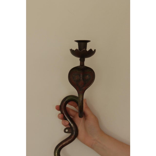Egyptian Revival Engraved Brass Enameled Cobra Sconces, Set of 2 For Sale - Image 12 of 13