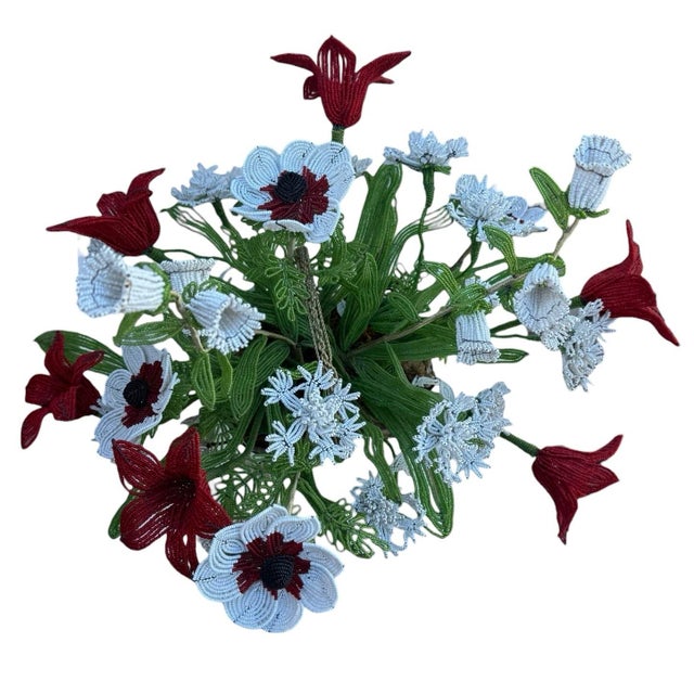 Metal Vintage French Imortelle Glass Beaded Memorial Basket Bouquet For Sale - Image 7 of 12