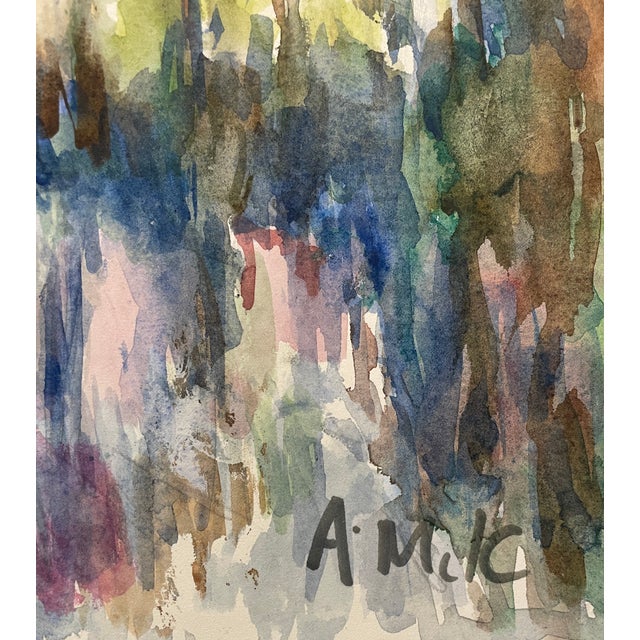 Adelaide Mckenzie Moss (1942-2026) landscape with a body of water with reflections, watercolor on paper, signed lower...