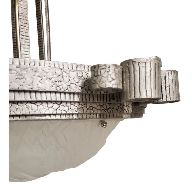 Metal 1930s Hand Forged Silver Painted Iron + Art Glass Chandelier With Scroll Design- Schneider For Sale - Image 7 of 12