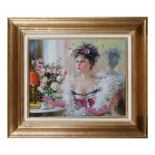 Konstantin Razumov, Lady in a Café with Feather Boa, 2019, Oil Painting on Canvas, Framed For Sale