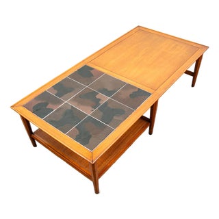 Mid Century Modern Coffee Table Heritage Shelf Tile Walnut Wood Wide Vintage MCM For Sale