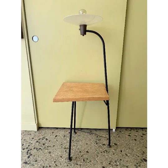 1950s Mid-Century Modern Side Table - Black Iron and White Teak Side Table 3 Leg With Acrylic Shade Up Light For Sale - Image 4 of 9