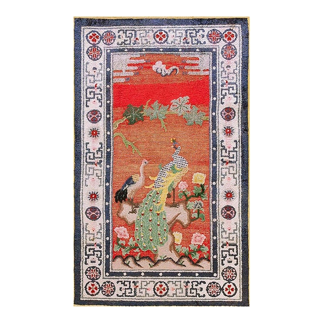 Extraordinary Ruby Red Background Color With Floral and Peacock Design Vintage Chinese Silk Rug For Sale