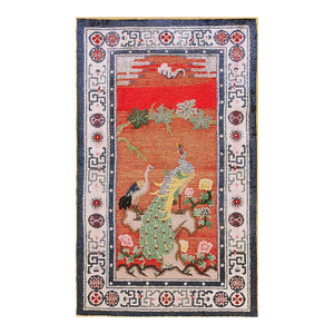 Extraordinary Ruby Red Background Color With Floral and Peacock Design Vintage Chinese Silk Rug