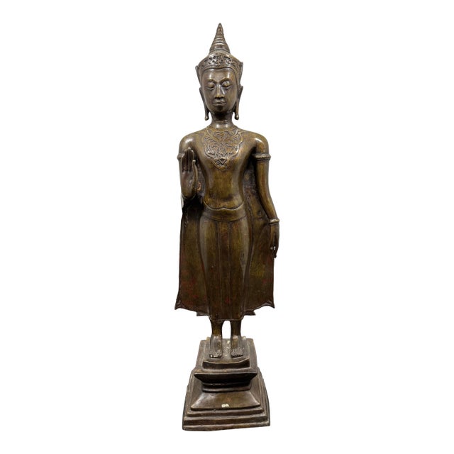 17th Century Thai Ayutthaya Bronze Crowned Standing Buddha Statue - 21" For Sale