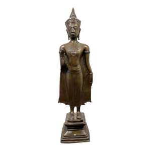 17th Century Thai Ayutthaya Bronze Crowned Standing Buddha Statue - 21"
