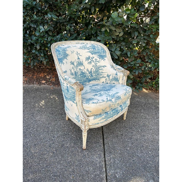 19th Century French Chair upholstered in Blue and White English Toile with beautiful white wash finish on wood frame....