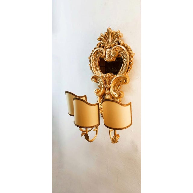 Wood Applique with Mirror and Gold Leaf with Parchment Lampshades For Sale - Image 4 of 18