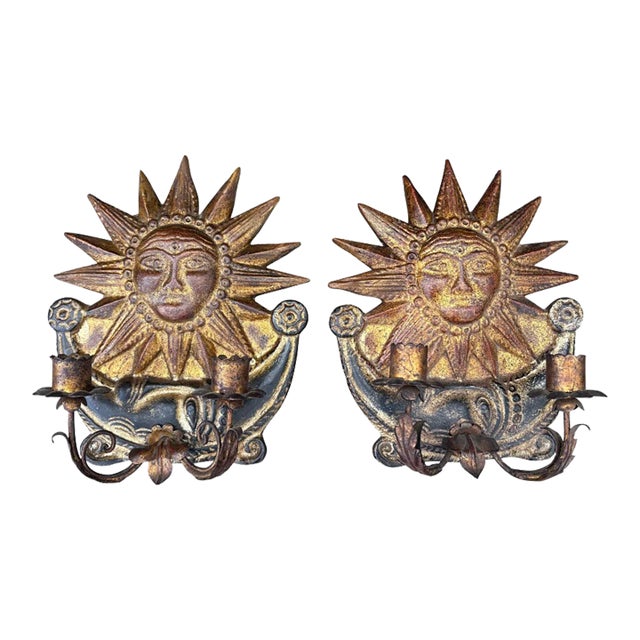 1940s Italian Giltwood Sun Sconces - a Pair For Sale