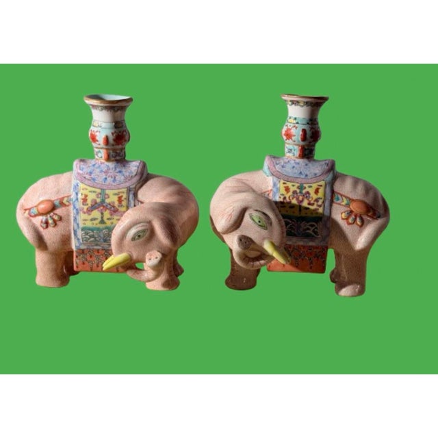 Pair of Chinese Export Famille Rose of Enameled Elephant Candlestick or Josh Sticks, Early 20th C. For Sale - Image 9 of 10
