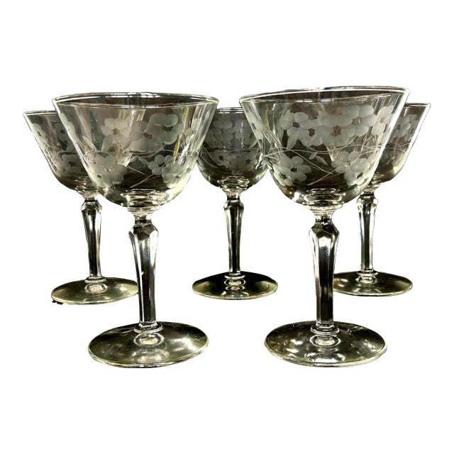 Vintage Libbey Glenmore Champagne Coupe Sherbet Glasses, Etched Floral - Set of 5 For Sale