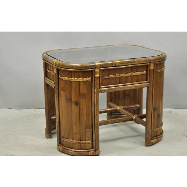 Vintage Hollywood Regency Bentwood Rattan Glass Top Beach House Side Table For Sale - Image 11 of 11