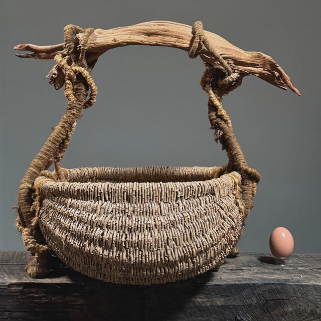 Large Vintage Surrealist Folk Art Buttocks Basket With Driftwood and Yarn Handle For Sale - Image 4 of 11