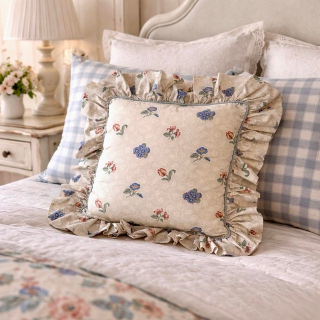 Textile Vintage Cottage Floral Ruffle Pillow For Sale - Image 7 of 7
