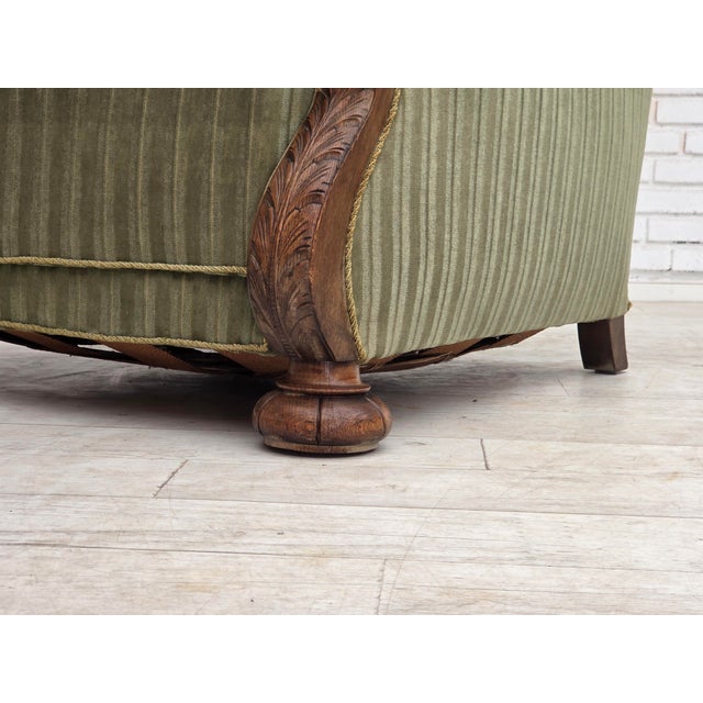 Vintage Danish Carved Oak Lounge Chair with Green Velour Upholstery, 1950s For Sale - Image 4 of 18