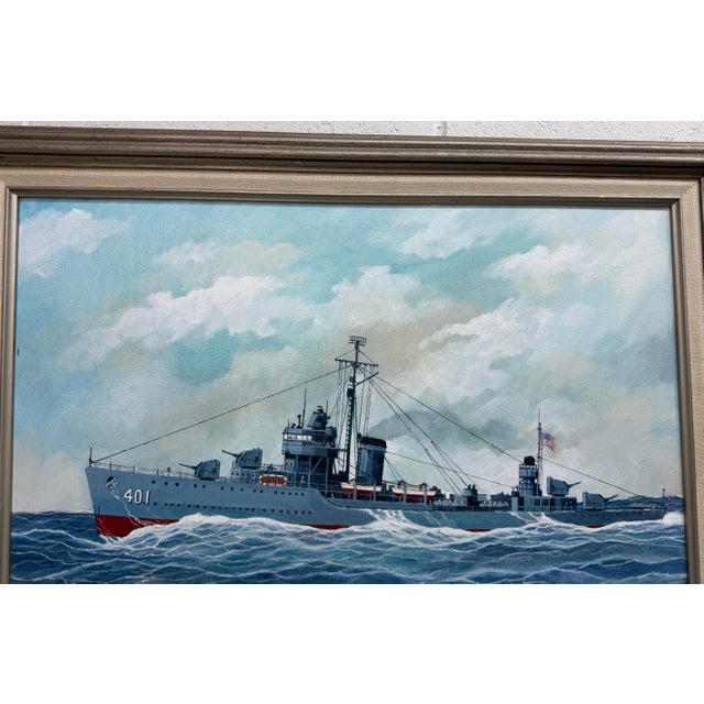 Textile Vintage Original A. Sundal u.s. Navy Battle Ship Boat Seascape Oil Painting 93 For Sale - Image 7 of 9